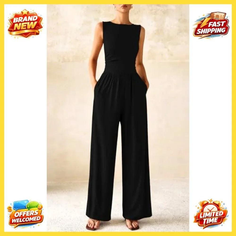 Sleeveless Wide Leg Jumpsuit Elegant Chic Casual Summer Romper - Picture 5 of 8